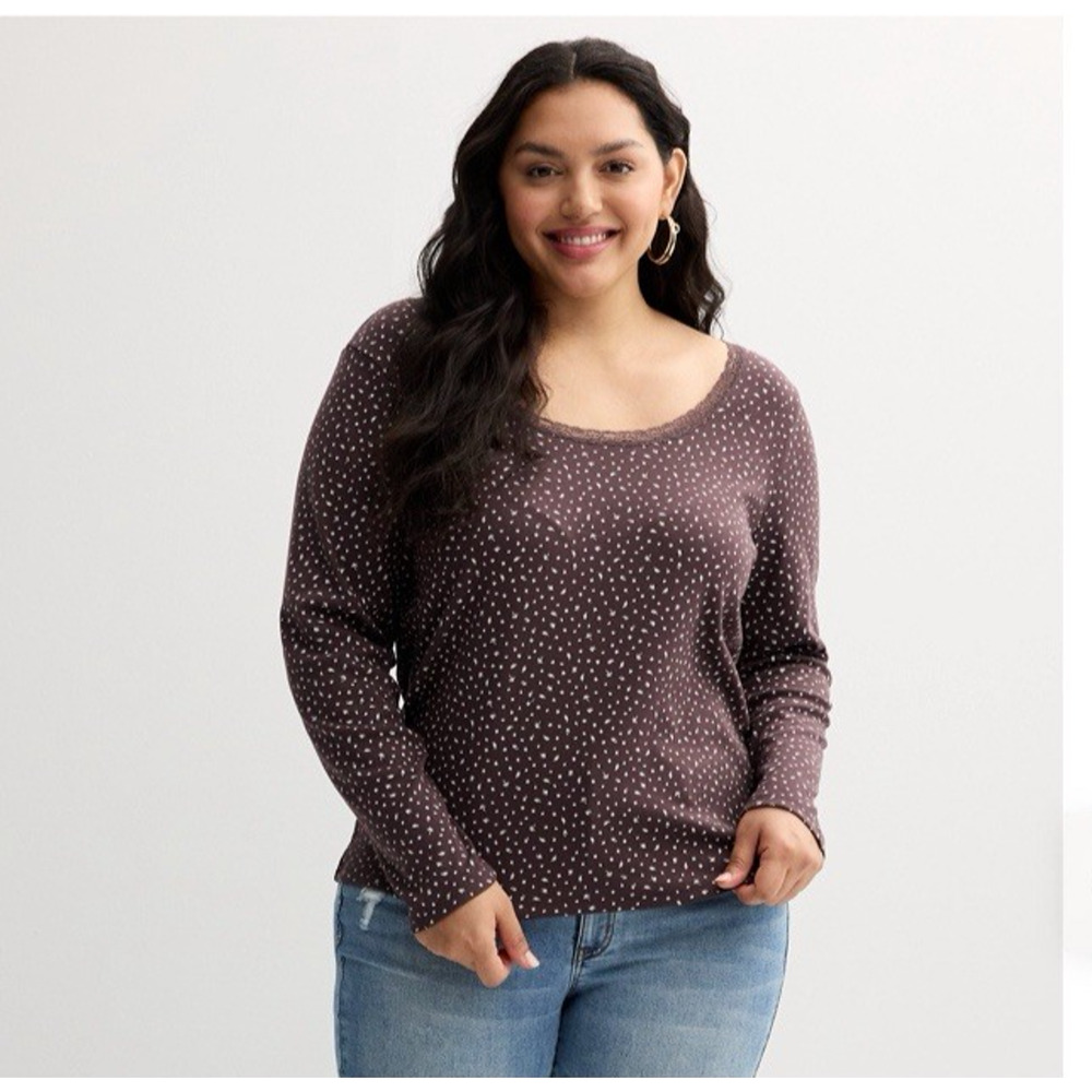 Pink Republic Ribbed Long Sleeve T-Shirt Junior's Plus Size 2X Plum Ditsy